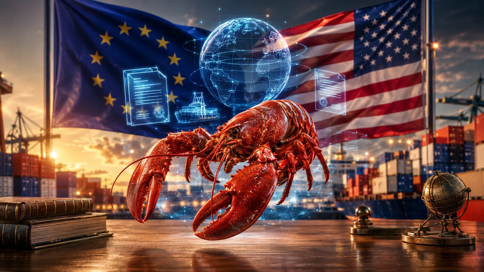 Composite Bild EU-US-Zollabkommen mit Hummer EU-Flagge und USA-Flagge