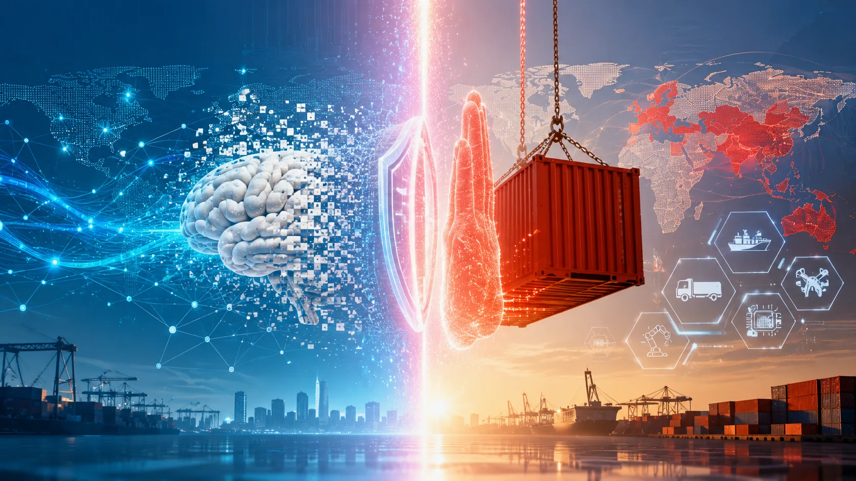 Composite Bild Exportkontrolle trifft KI mit Gehirn aus Pixeln Container Wachs-Siegel Welt-Karte