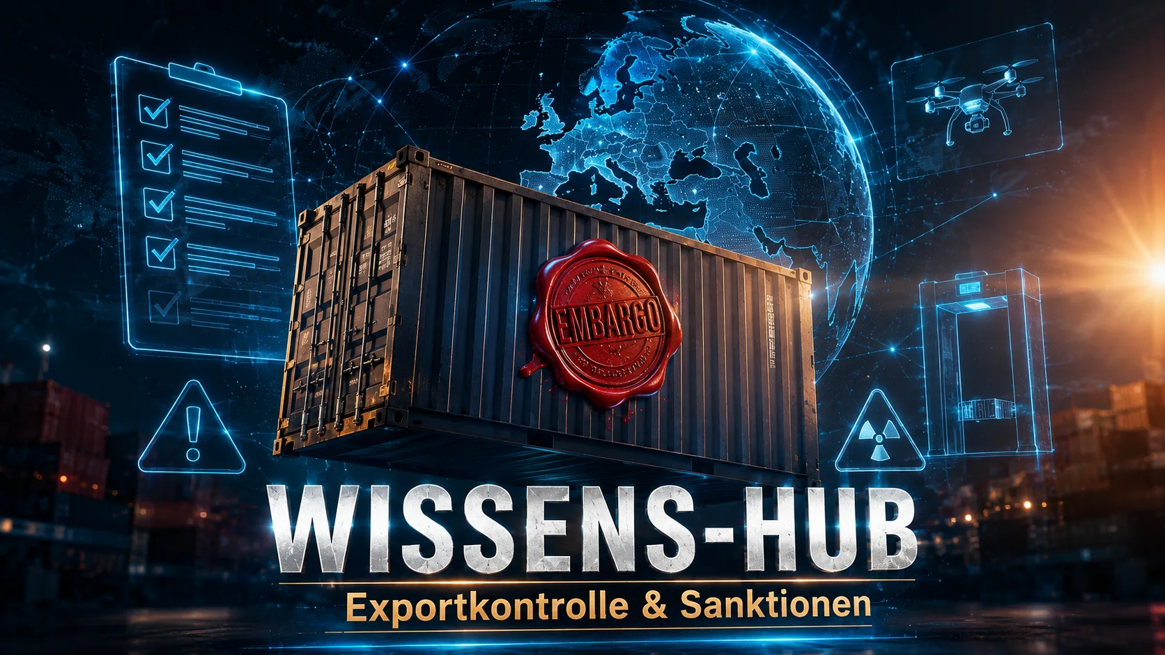 Wissens-Hub Exportkontrolle und Sanktionen Cover-Bild mit Container und EMBARGO-Siegel