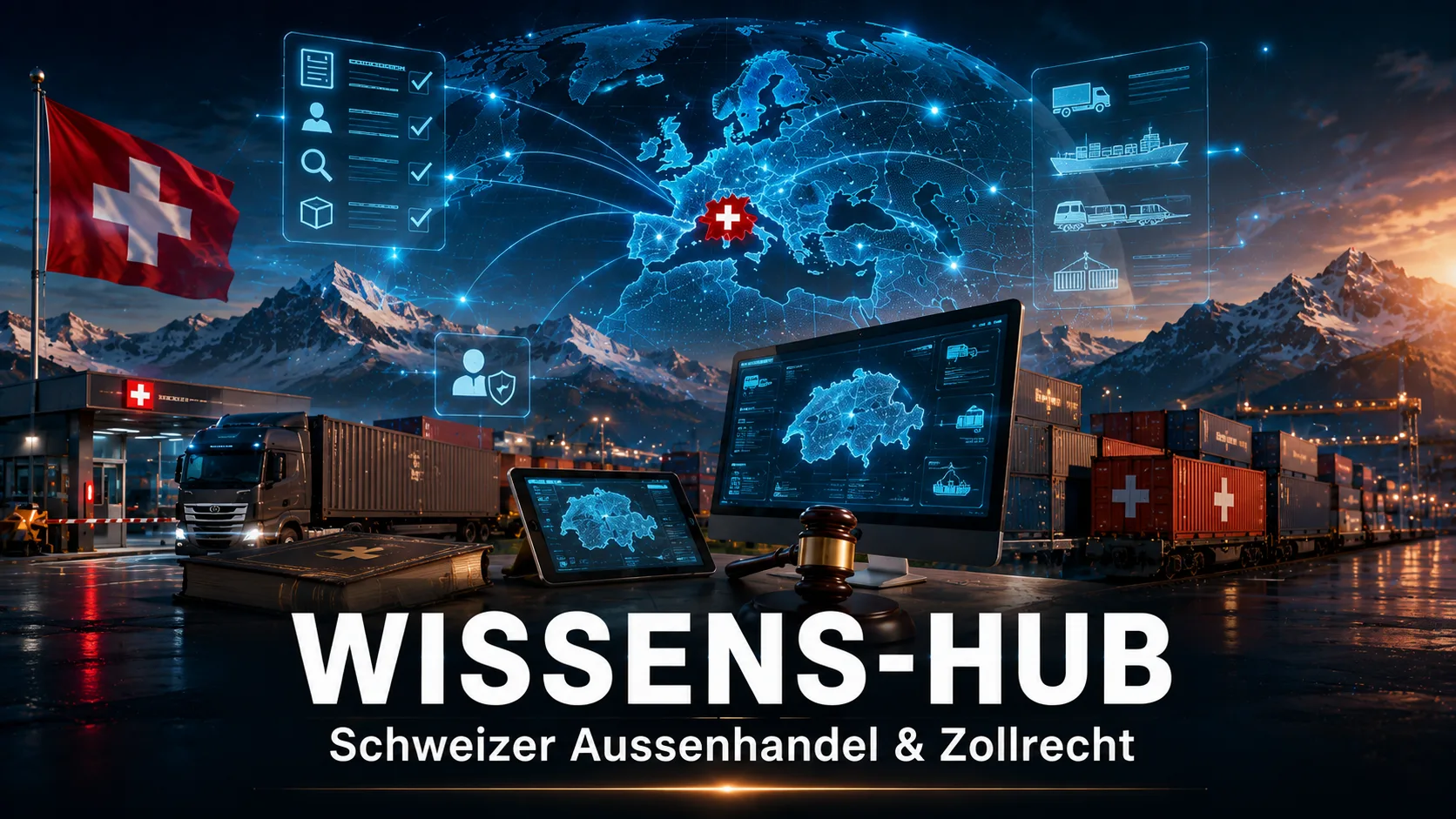 Wissens-Hub Schweizer Aussenhandel und Zollrecht Cover-Bild mit Schweizer Flagge LKW Grenzübergang Alpen