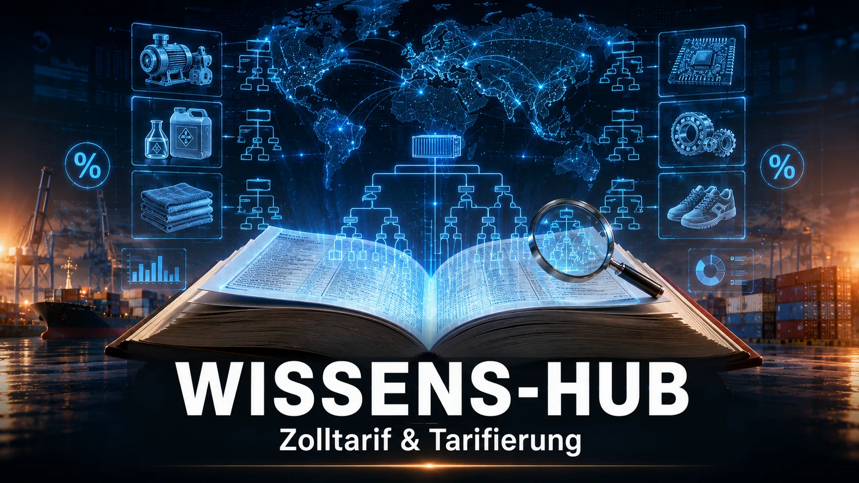Wissens-Hub Zolltarif und Tarifierung Cover-Bild mit Tarif-Buch HS-Code Klassifikation Produkt-Hologramme