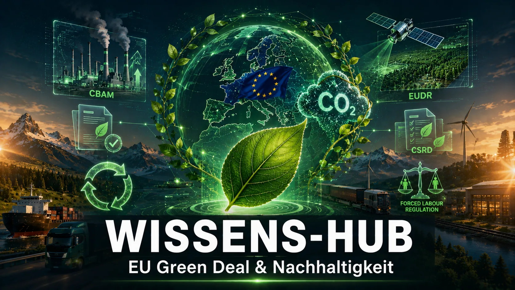 Wissens-Hub EU Green Deal und Nachhaltigkeit Cover-Bild mit grünem Blatt EU-Flagge CBAM EUDR CSRD