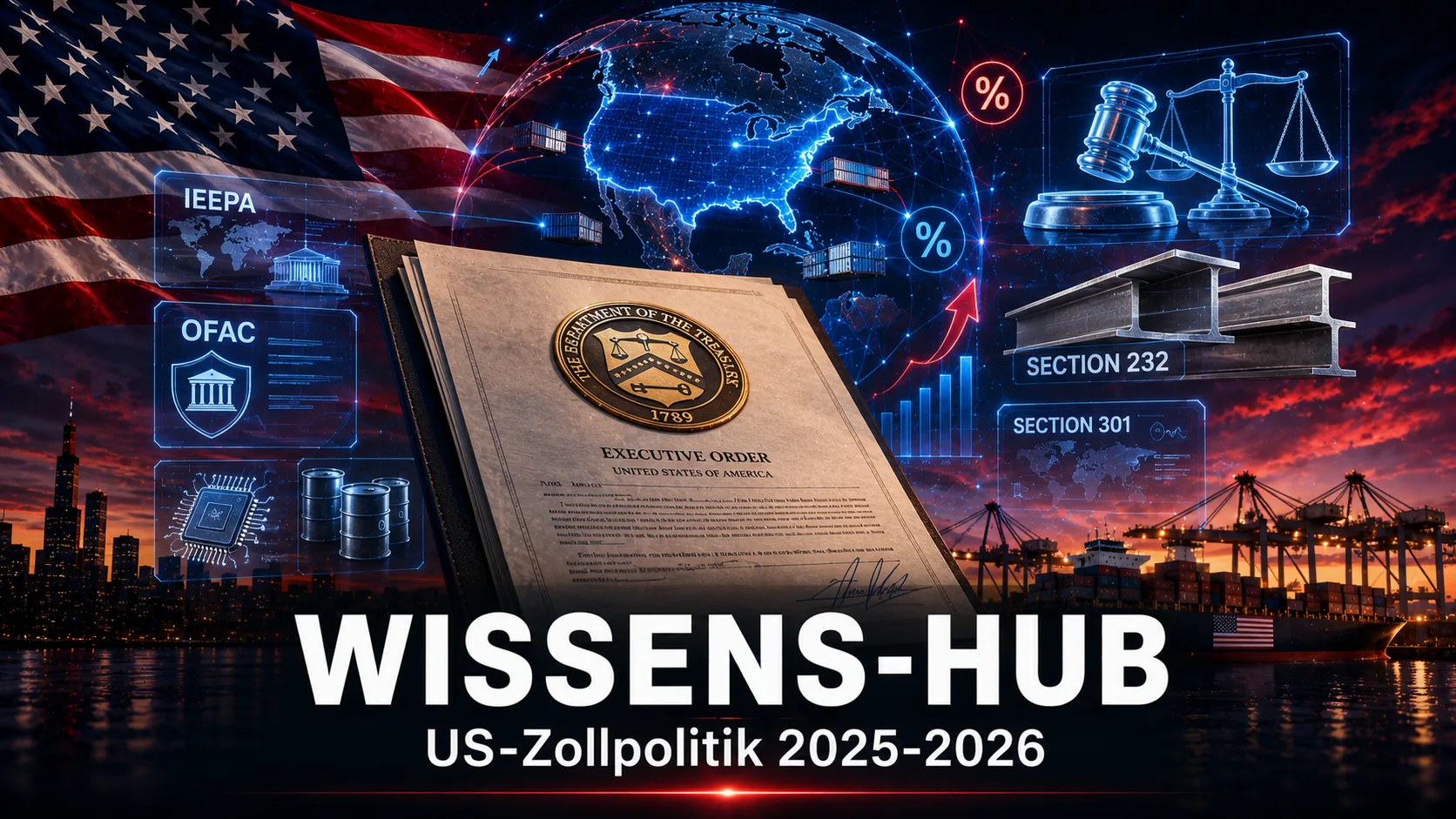 Wissens-Hub US-Zollpolitik 2025-2026 Cover-Bild mit US-Flagge Executive Order Treasury IEEPA OFAC Section 232 301
