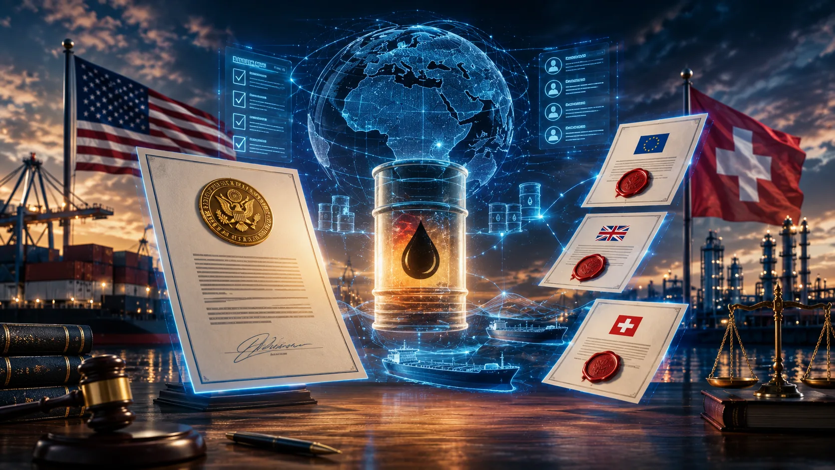 Composite Bild OFAC General License X Iran mit US-Dokument US-Flagge und gesperrten Sanktions-Dokumenten EU UK Schweiz
